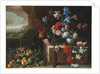 Chrysanthemums, tulips, irises and other flowers and fruit in a landscape by Giovanni Stanchi