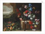 Chrysanthemums, tulips, irises and other flowers and fruit in a landscape by Giovanni Stanchi