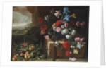Chrysanthemums, tulips, irises and other flowers and fruit in a landscape by Giovanni Stanchi