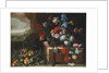 Chrysanthemums, tulips, irises and other flowers and fruit in a landscape by Giovanni Stanchi