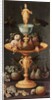 Grapes, plums and a pomegranate on a golden tazza surmounted by a personification of Painting by Artus Claessens