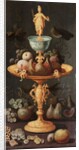 Grapes, plums and a pomegranate on a golden tazza surmounted by a personification of Painting by Artus Claessens