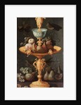 Grapes, plums and a pomegranate on a golden tazza surmounted by a personification of Painting by Artus Claessens