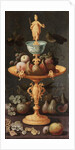 Grapes, plums and a pomegranate on a golden tazza surmounted by a personification of Painting by Artus Claessens