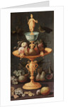 Grapes, plums and a pomegranate on a golden tazza surmounted by a personification of Painting by Artus Claessens