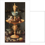 Grapes, plums and a pomegranate on a golden tazza surmounted by a personification of Painting by Artus Claessens