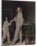 Portrait of a man, full-length, handing a letter to a boy, in an interior by Gonzales Coques