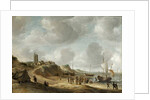 A view of Egmond aan Zee with fisherfolk on the beach and shipping offshore by Jan Abrahamsz. Beerstraten