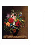 Lilac, apple blossom, cornflowers and sweet williams with a pot of violas on a ledge, 1827 by Johan Laurents Jensen