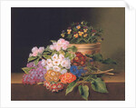 Lilac, apple blossom, cornflowers and sweet williams with a pot of violas on a ledge, 1827 by Johan Laurents Jensen