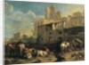 Travellers and various animals stop in front of a tavern with Roman ruins in the background 73.5 x 97 cm. by Pieter van Bloemen