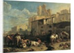 Travellers and various animals stop in front of a tavern with Roman ruins in the background 73.5 x 97 cm. by Pieter van Bloemen