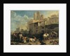 Travellers and various animals stop in front of a tavern with Roman ruins in the background 73.5 x 97 cm. by Pieter van Bloemen