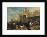 Travellers and various animals stop in front of a tavern with Roman ruins in the background 73.5 x 97 cm. by Pieter van Bloemen