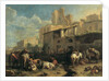 Travellers and various animals stop in front of a tavern with Roman ruins in the background 73.5 x 97 cm. by Pieter van Bloemen