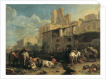 Travellers and various animals stop in front of a tavern with Roman ruins in the background 73.5 x 97 cm. by Pieter van Bloemen