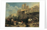 Travellers and various animals stop in front of a tavern with Roman ruins in the background 73.5 x 97 cm. by Pieter van Bloemen
