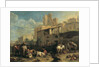 Travellers and various animals stop in front of a tavern with Roman ruins in the background 73.5 x 97 cm. by Pieter van Bloemen