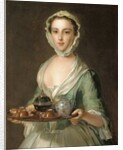 Portrait of a young woman, possibly Hannah, the artist's maid, holding a tea tray by Philippe Mercier