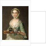 Portrait of a young woman, possibly Hannah, the artist's maid, holding a tea tray by Philippe Mercier