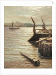 Barges moored by the riverbank by Colin Hunter