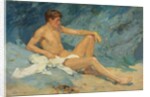 A male nude reclining on rocks by Henry Scott Tuke
