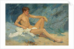 A male nude reclining on rocks by Henry Scott Tuke