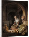A maid preparing vegetables in a kitchen by Jan Adriansz van Staveren
