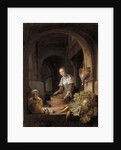 A maid preparing vegetables in a kitchen by Jan Adriansz van Staveren