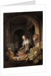A maid preparing vegetables in a kitchen by Jan Adriansz van Staveren