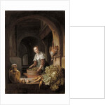 A maid preparing vegetables in a kitchen by Jan Adriansz van Staveren