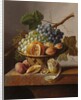 Grapes, an orange and walnuts in a wicker basket with a lemon and plums, all on a marble ledge by Johannes Cornelis Bruyn