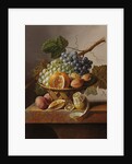 Grapes, an orange and walnuts in a wicker basket with a lemon and plums, all on a marble ledge by Johannes Cornelis Bruyn
