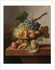 Grapes, an orange and walnuts in a wicker basket with a lemon and plums, all on a marble ledge by Johannes Cornelis Bruyn
