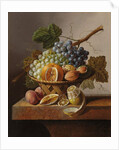 Grapes, an orange and walnuts in a wicker basket with a lemon and plums, all on a marble ledge by Johannes Cornelis Bruyn
