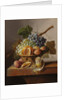 Grapes, an orange and walnuts in a wicker basket with a lemon and plums, all on a marble ledge by Johannes Cornelis Bruyn