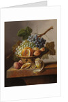 Grapes, an orange and walnuts in a wicker basket with a lemon and plums, all on a marble ledge by Johannes Cornelis Bruyn
