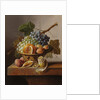 Grapes, an orange and walnuts in a wicker basket with a lemon and plums, all on a marble ledge by Johannes Cornelis Bruyn