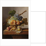 Grapes, an orange and walnuts in a wicker basket with a lemon and plums, all on a marble ledge by Johannes Cornelis Bruyn