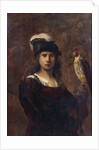 A falconer, standing half length, in a feathered hat by Rembrandt Harmensz. van Rijn (circle of)