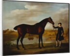 The Duke of Marlborough's Bay Hunter, with a Groom in Livery in a Lake Landscape by George Stubbs