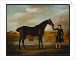 The Duke of Marlborough's Bay Hunter, with a Groom in Livery in a Lake Landscape by George Stubbs