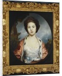 Portrait of Esther, Lady Wray, wearing a white dress, a gold and pink ermine-lined cloak, a landscape beyond by Joshua Reynolds