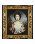 Portrait of Esther, Lady Wray, wearing a white dress, a gold and pink ermine-lined cloak, a landscape beyond by Joshua Reynolds