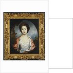 Portrait of Esther, Lady Wray, wearing a white dress, a gold and pink ermine-lined cloak, a landscape beyond by Joshua Reynolds