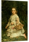 Portrait of Gracia, full length, wearing a white dress, picking wild flowers by John Everett Millais