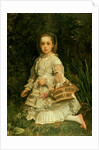 Portrait of Gracia, full length, wearing a white dress, picking wild flowers by John Everett Millais