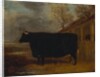 A black bull standing by a cowshed, an extensive landscape beyond by James Pollard