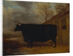 A black bull standing by a cowshed, an extensive landscape beyond by James Pollard