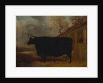 A black bull standing by a cowshed, an extensive landscape beyond by James Pollard